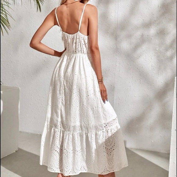Boho Gypsy Eyelet Plunge V Neck Slit Cami Maxi Dress White - Picture 6 of 7